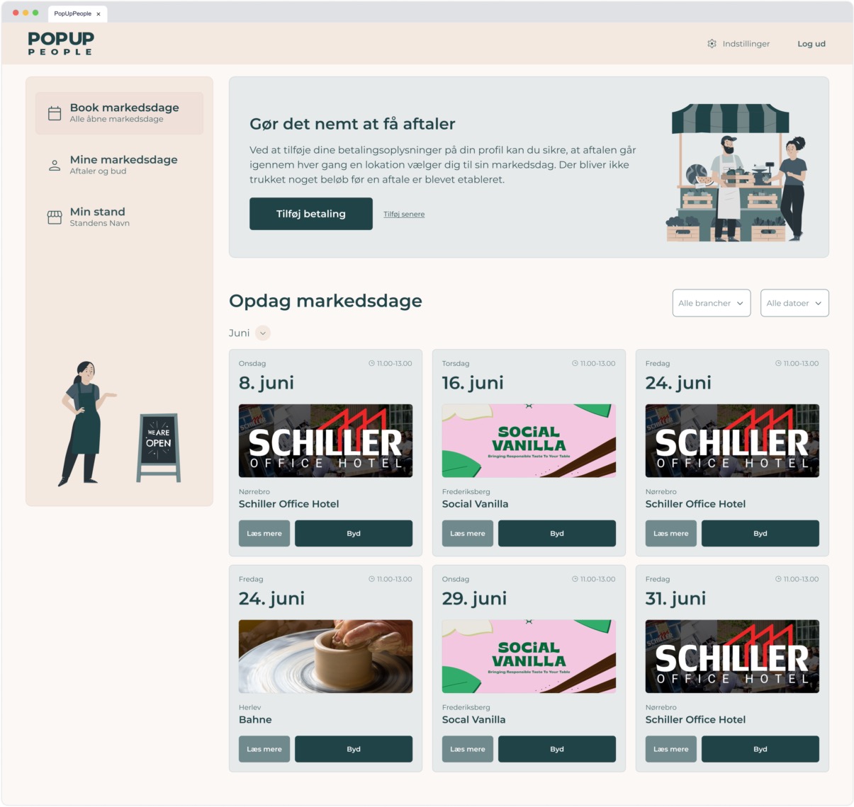 Banner prompting user to add payment information to ensure smooth agreement processing with a "TilfĆøj betaling" button and an illustration of two vendors.
